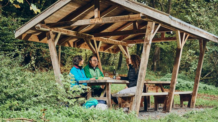Drei Menschen sitzen an einem Holztisch in einer überdachten Waldhütte und unterhalten sich bei einem Getränk inmitten der Natur.